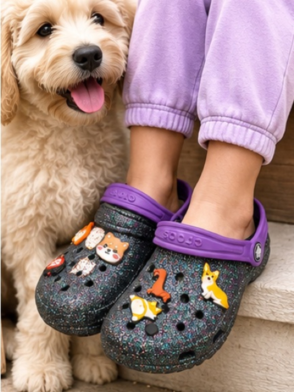 Crocs Kids J4 Black Rainbow Glitter Clogs Purple Strap Dog Charms